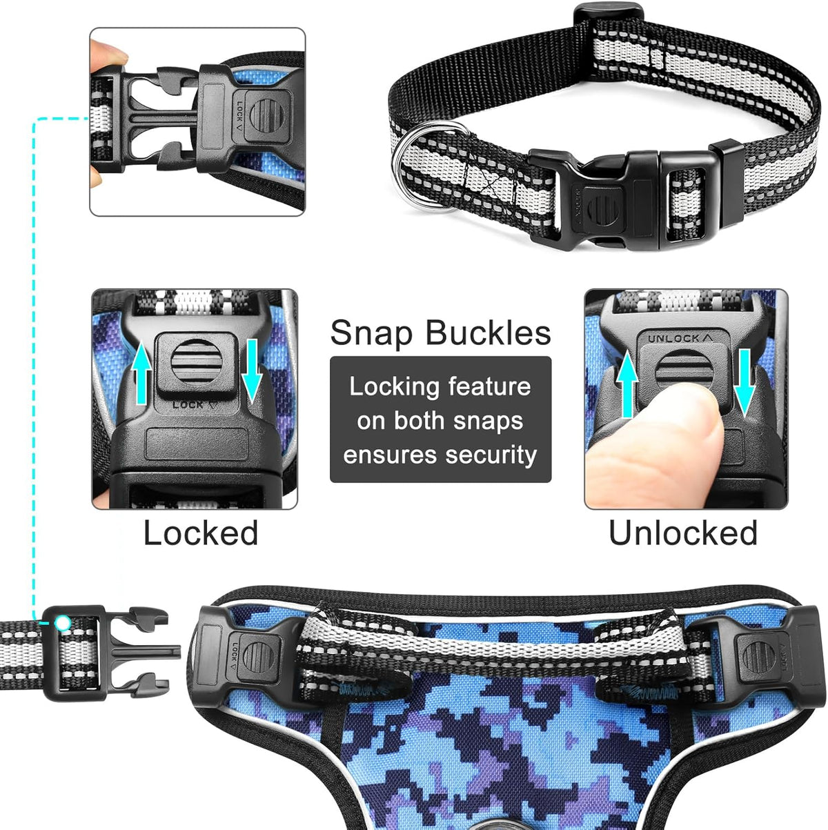 Dog Harness No Pull, Pet Harnesses with Dog Collar, Adjustable Reflective Oxford Outdoor Vest, Front/Back Leash Clips for Small, Medium, Large, Extra Large Dogs, Easy Control Handle for Walking