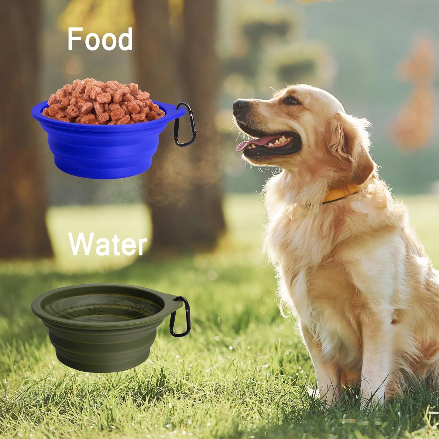 2-Pack Silicone Collapsible Dog Bowls, BPA Free Dishwasher Safe, Portable Foldable Expandable Travel Bowl, Food Water Feeding Cup Dish for Dogs Cats with 2 Carabiners (Army Green, Blue) | 20 Oz, Silicone, Foldable Expandable Cat Feeding Cup Dish, 2 Carabiners, BPA Free, Dishwasher Safe (Army Green, Blue)