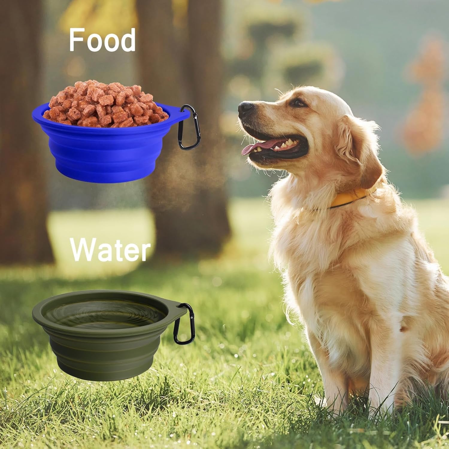 2-Pack Silicone Collapsible Dog Bowls, BPA Free Dishwasher Safe, Portable Foldable Expandable Travel Bowl, Food Water Feeding Cup Dish for Dogs Cats with 2 Carabiners (Army Green, Blue) | 20 Oz, Silicone, Foldable Expandable Cat Feeding Cup Dish, 2 Carabiners, BPA Free, Dishwasher Safe (Army Green, Blue)