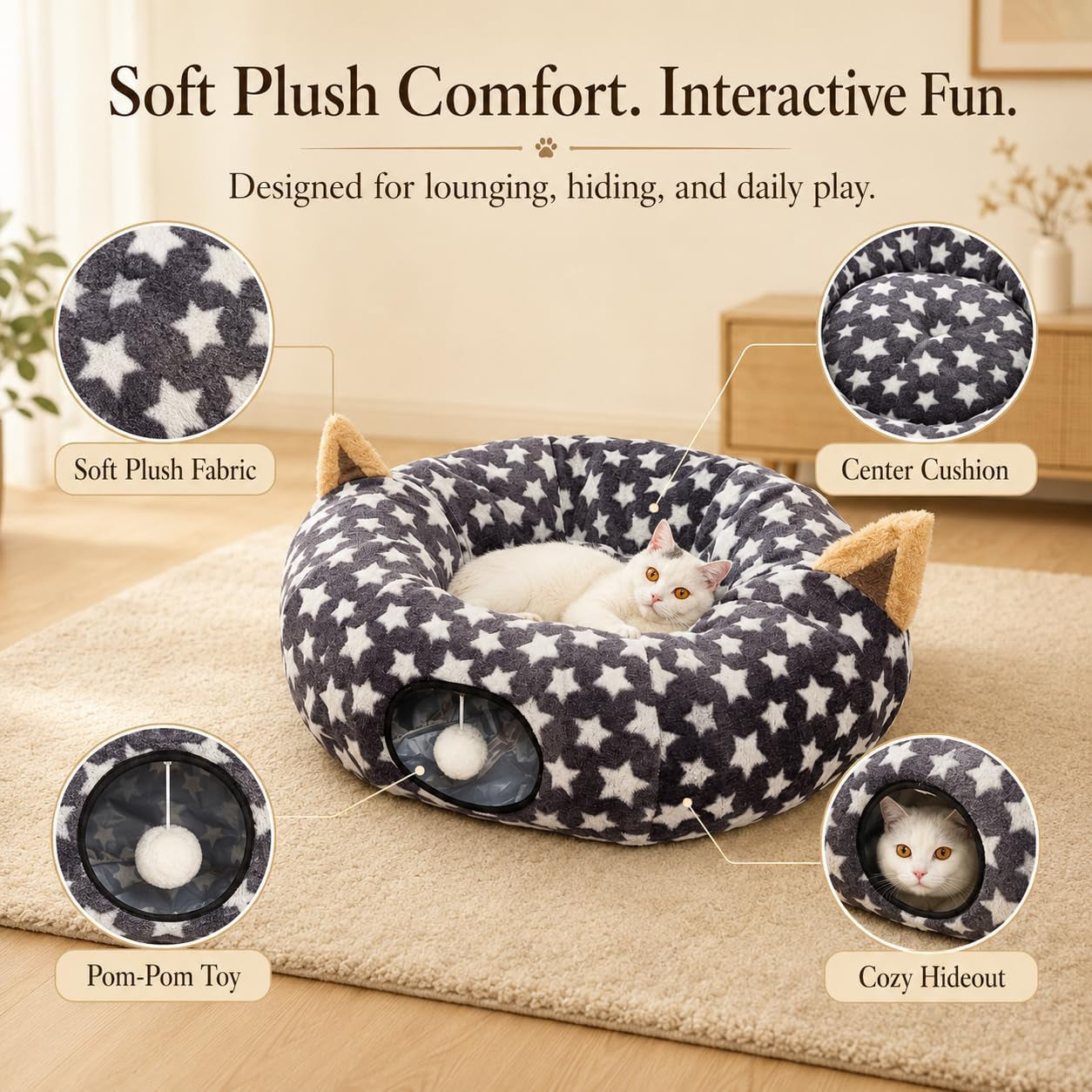 Large Cat Tunnel Bed under Christmas Tree with Fluffy Toy Balls, Small Cushion and Flexible Design- 10 Inch Diameter, 3 Ft Length- Great for Cats, and Small Dogs, Gray Star Pattern