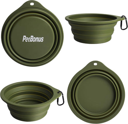 2-Pack Silicone Collapsible Dog Bowls, BPA Free Dishwasher Safe, Portable Foldable Expandable Travel Bowl, Food Water Feeding Cup Dish for Dogs Cats with 2 Carabiners (Army Green, Blue) | 20 Oz, Silicone, Foldable Expandable Cat Feeding Cup Dish, 2 Carabiners, BPA Free, Dishwasher Safe (Army Green, Blue)