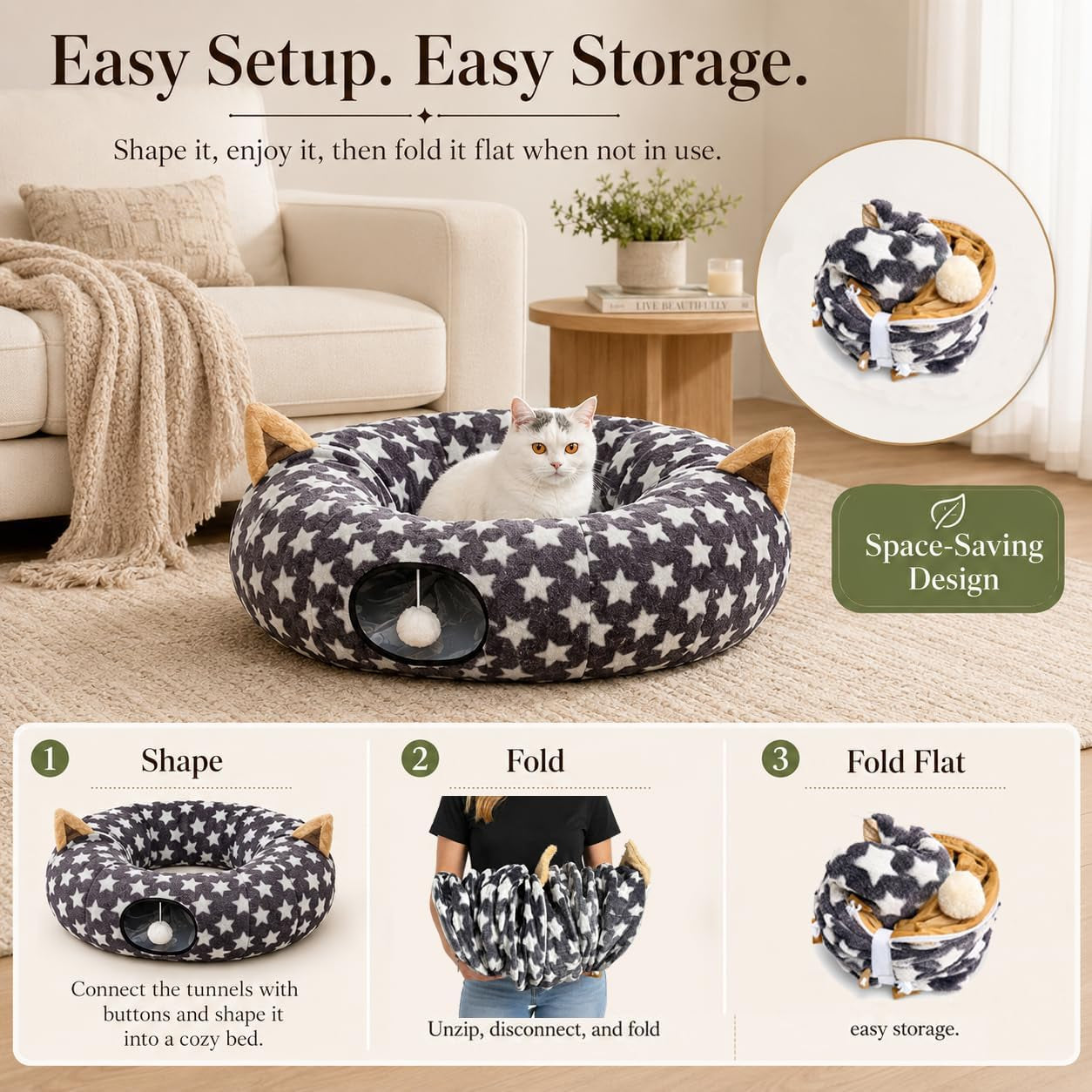 Large Cat Tunnel Bed under Christmas Tree with Fluffy Toy Balls, Small Cushion and Flexible Design- 10 Inch Diameter, 3 Ft Length- Great for Cats, and Small Dogs, Gray Star Pattern