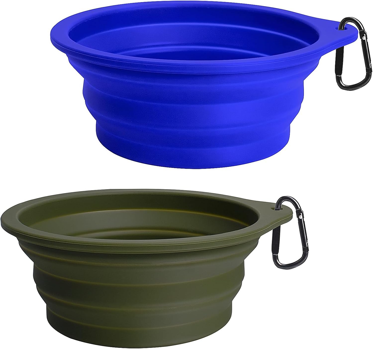 2-Pack Silicone Collapsible Dog Bowls, BPA Free Dishwasher Safe, Portable Foldable Expandable Travel Bowl, Food Water Feeding Cup Dish for Dogs Cats with 2 Carabiners (Army Green, Blue) | 20 Oz, Silicone, Foldable Expandable Cat Feeding Cup Dish, 2 Carabiners, BPA Free, Dishwasher Safe (Army Green, Blue)