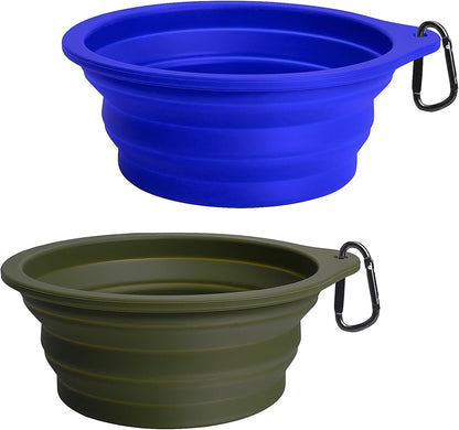 2-Pack Silicone Collapsible Dog Bowls, BPA Free Dishwasher Safe, Portable Foldable Expandable Travel Bowl, Food Water Feeding Cup Dish for Dogs Cats with 2 Carabiners (Army Green, Blue) | 20 Oz, Silicone, Foldable Expandable Cat Feeding Cup Dish, 2 Carabiners, BPA Free, Dishwasher Safe (Army Green, Blue)