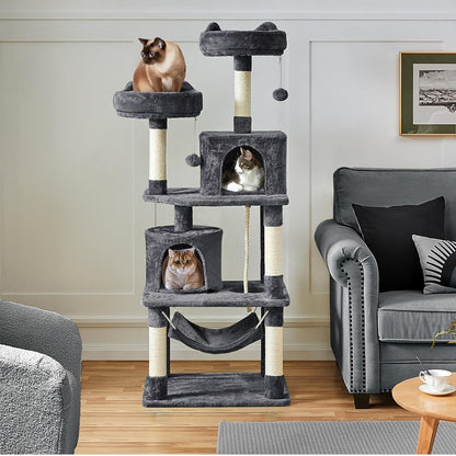 Yaheetech 62.5In Tall Cat Tree with 2 Cat-Ear Perches & 2 Condos, Dark Gray | Multi-Level Cat Tower with Scratching Posts, Hammock, Sturdy 24 X 19In Base and 88 Lb Capacity for Medium & Large Indoor Cats