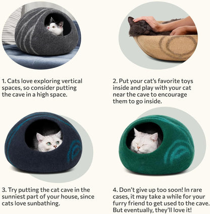 Cat Cave – Premium Felt Cat Bed Enclosure for Indoor Cats, Handmade Merino Wool (Light Gray, Large)