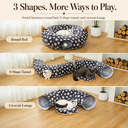 Large Cat Tunnel Bed under Christmas Tree with Fluffy Toy Balls, Small Cushion and Flexible Design- 10 Inch Diameter, 3 Ft Length- Great for Cats, and Small Dogs, Gray Star Pattern