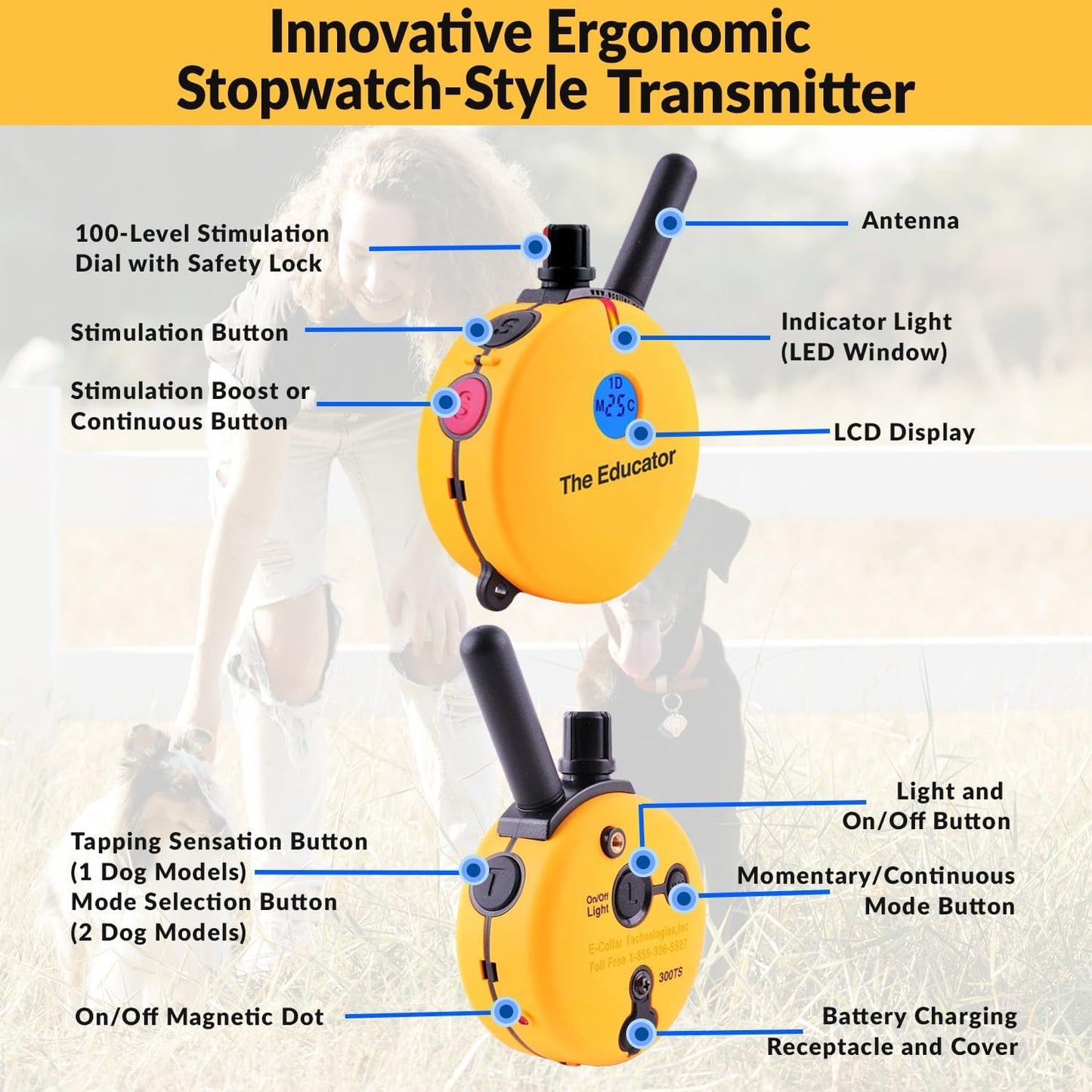 E-Collar  ET-402 Dog Training Collar, 2 Dog System, Yellow | Humane with Remote, 100 Safe Tapping Stimulation Levels, Waterproof Rechargeable, 3/4 Mile Range