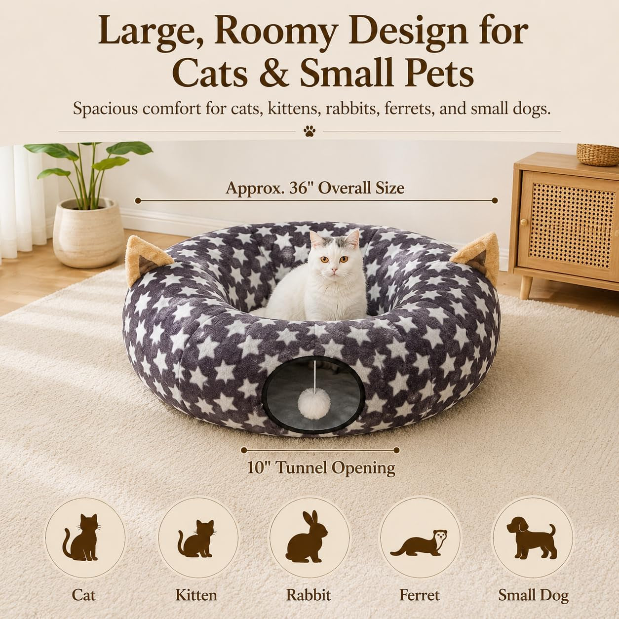 Large Cat Tunnel Bed under Christmas Tree with Fluffy Toy Balls, Small Cushion and Flexible Design- 10 Inch Diameter, 3 Ft Length- Great for Cats, and Small Dogs, Gray Star Pattern