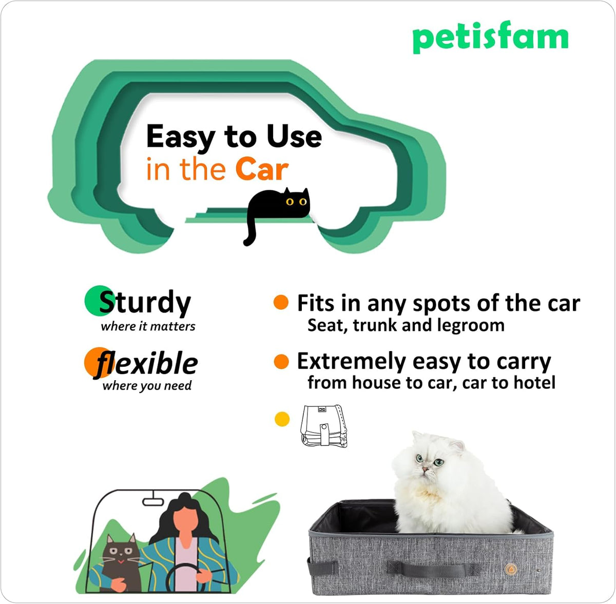 Portable Cat Travel Litter Box. Easy Use in the Car. No Leakage, Smell and Messes. One-Handed Carrying for Road Trip, Hotel Stays, Car and Airplane