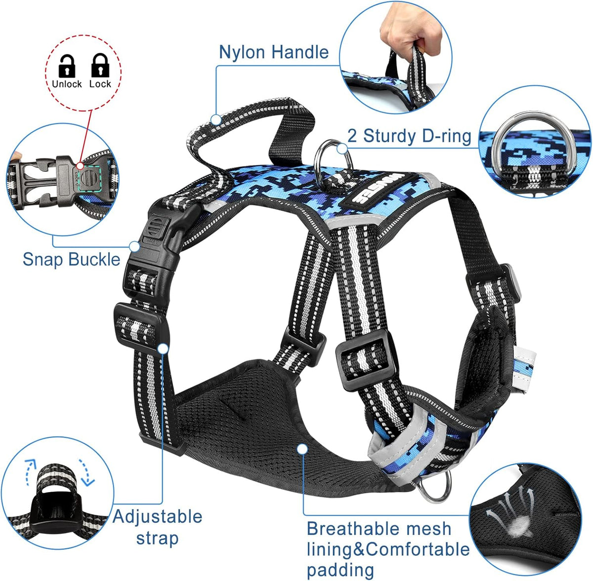 Dog Harness No Pull, Pet Harnesses with Dog Collar, Adjustable Reflective Oxford Outdoor Vest, Front/Back Leash Clips for Small, Medium, Large, Extra Large Dogs, Easy Control Handle for Walking
