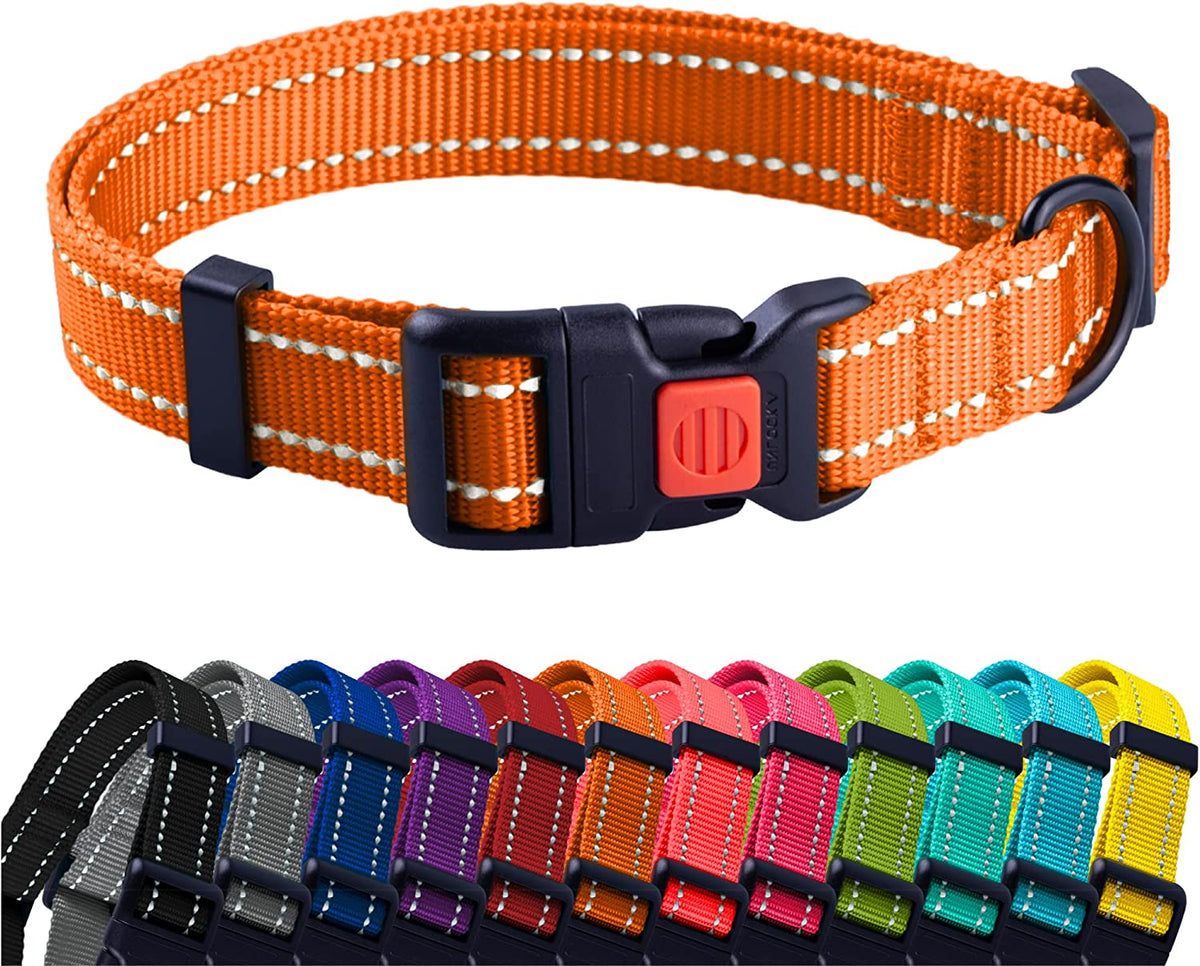 Reflective Dog Collar for a Small, Medium, Large Dog or Puppy with a Quick Release Buckle - Boy and Girl - Nylon Suitable for Swimming (Orange, 10-13 Inch)