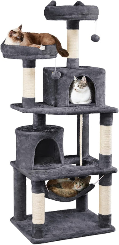 Yaheetech 62.5In Tall Cat Tree with 2 Cat-Ear Perches & 2 Condos, Dark Gray | Multi-Level Cat Tower with Scratching Posts, Hammock, Sturdy 24 X 19In Base and 88 Lb Capacity for Medium & Large Indoor Cats