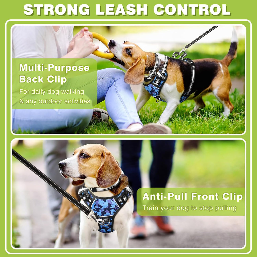 Dog Harness No Pull, Pet Harnesses with Dog Collar, Adjustable Reflective Oxford Outdoor Vest, Front/Back Leash Clips for Small, Medium, Large, Extra Large Dogs, Easy Control Handle for Walking
